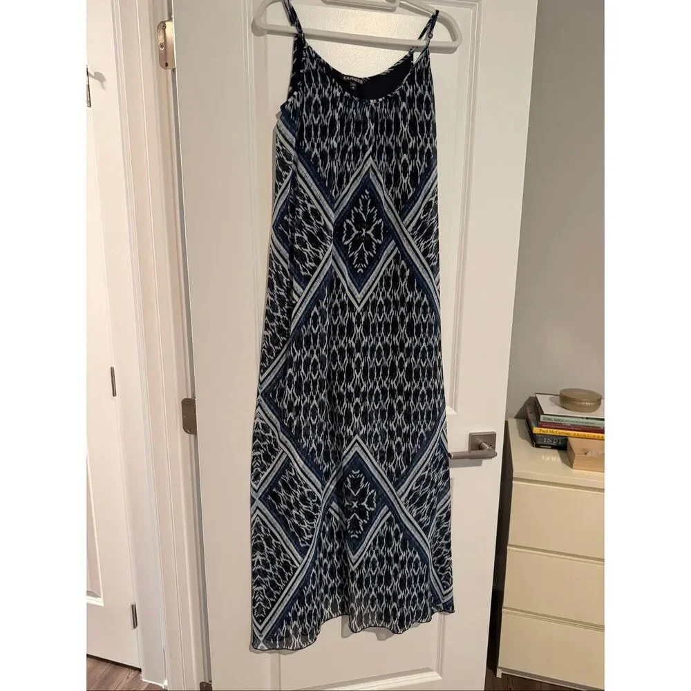 Express Womens Boho Maxi Chiffon Tribal Dress Long Sheer Blue Black lining spagh